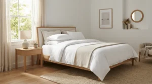A newly unpacked firm vs medium orthopaedic mattress ready for use in a modern British guest room.