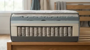 A close-up hardness comparison of internal coils and memory foam layers inside a firm vs medium orthopaedic mattress.