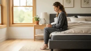 A person sitting securely on the reinforced edge of a firm orthopaedic mattress without sinking