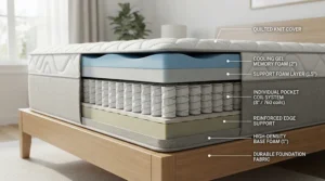 A detailed illustration of a pocket spring hybrid mattress for side sleepers showing individual coil support.