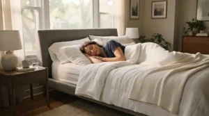 A person sleeping comfortably on a hybrid mattress for side sleepers in a modern flat.