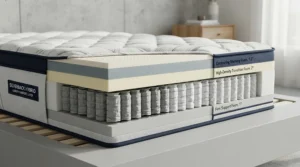 Detailed cutaway diagram showing how a hybrid mattress for side sleepers cushions the shoulder and hip.
