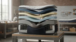 Layered cutaway graphic of a mattress for side sleepers with hip pain showing contouring foam
