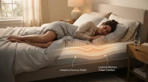 Illustration showing contouring foam relieving pressure points on a mattress for side sleepers with hip pain