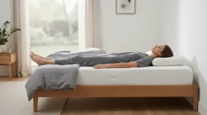 Illustration of a mattress for back sleepers showing correct spinal alignment in a modern bedroom