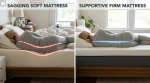 A comparison diagram explaining why a medium firm mattress for back pain works better than soft beds
