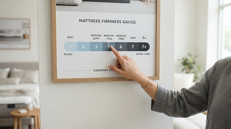 A firmness scale visual aid helping buyers choose a medium firm mattress for back pain