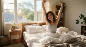 A person waking up refreshed after sleeping on a medium firm mattress for back pain management