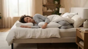A side sleeper maintaining neutral posture using a medium firm mattress for back pain prevention