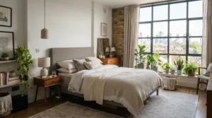 A compact city apartment bedroom showcasing a space-saving medium orthopaedic mattress on a wooden bed frame.