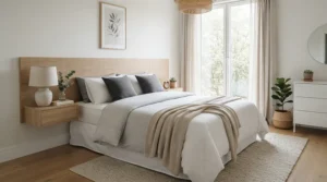 A stylish double bed featuring a medium orthopaedic mattress in a modern British master bedroom with neutral tones.