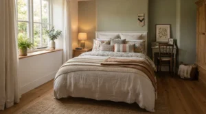 A spacious open coil double mattress neatly fitted with crisp cotton sheets in a cozy spare room.