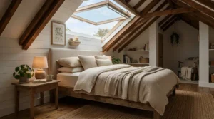 An affordable open coil mattress fitted neatly into a sloping ceiling loft bedroom.