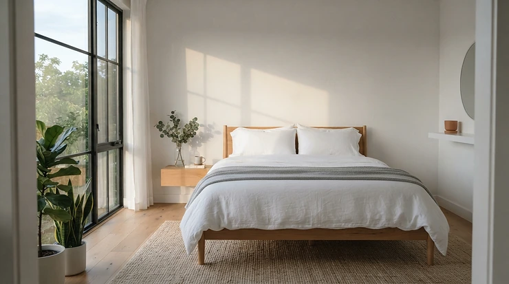 A comfortable open coil mattress set on a wooden bed frame in a brightly lit modern British bedroom.