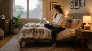 A person reading expert open coil mattress reviews on a tablet while sitting on a freshly made double bed.