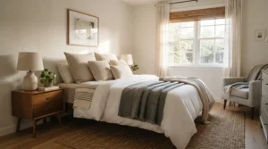A modern bedroom setup helping you decide open coil or pocket spring which is better for your home.