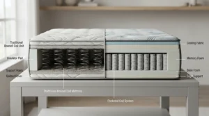 An illustration explaining the core differences in an open coil vs pocket sprung mattress construction.
