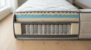 An exploded view of upholstery layers in an open coil vs pocket sprung mattress.