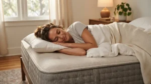 A sleeper testing spinal alignment on an open coil vs pocket sprung mattress in a bright bedroom.