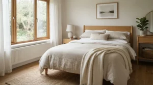A neat, welcoming double bed featuring a firm orthopaedic mattress for elderly comfort in a cosy British home.