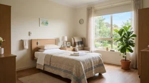 A comfortable single bed with an orthopaedic mattress for elderly residents inside a bright care home bedroom.