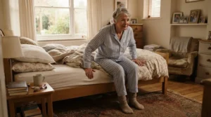 An elderly woman standing up easily beside her bed, aided by the stable height of an orthopaedic mattress for elderly care.