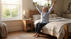An elderly person stretching happily upon waking up on a supportive orthopaedic mattress for elderly wellness.