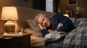 An elderly man sleeping peacefully and comfortably on an orthopaedic mattress for elderly spinal support.