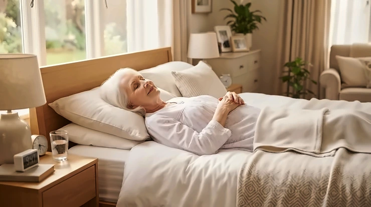 An older adult sleeping comfortably with correct spine alignment on an orthopaedic mattress for elderly care