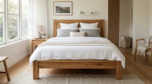 A robust wooden bed frame holding a thick orthopaedic mattress for a heavy person