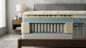 Cross-section showing layers of a firm orthopaedic mattress for a heavy person