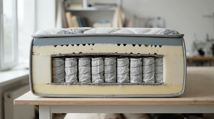Cutaway view of independent pocket springs inside an orthopaedic mattress for a heavy person
