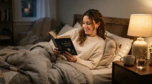 A person reading a book while lying comfortably on their side on a mattress for side sleepers.