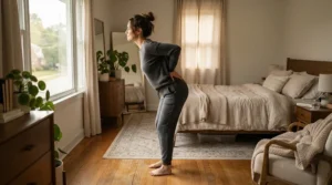 A person doing gentle lower back stretches beside their bed, looking for a mattress for sciatica solutions