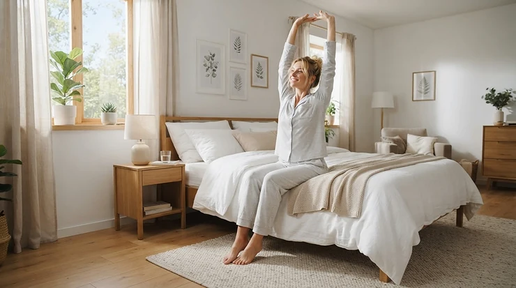 A person waking up pain-free and smiling after sleeping on a supportive mattress for sciatica