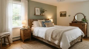 A stylish British bedroom setup featuring a supportive mattress for back sleepers with lower back pain.