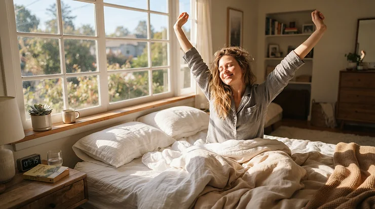 A person waking up refreshed on a medium firm mattress for back sleepers with lower back pain in a modern bedroom.