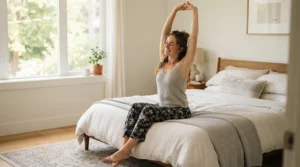 A smiling adult doing a gentle stretch after sleeping on a mattress for back sleepers with lower back pain.