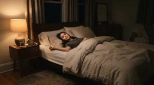 A peaceful night scene depicting deep rest on a mattress for back sleepers with lower back pain.