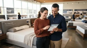Partners making a joint decision while shopping for a new mattress for couples
