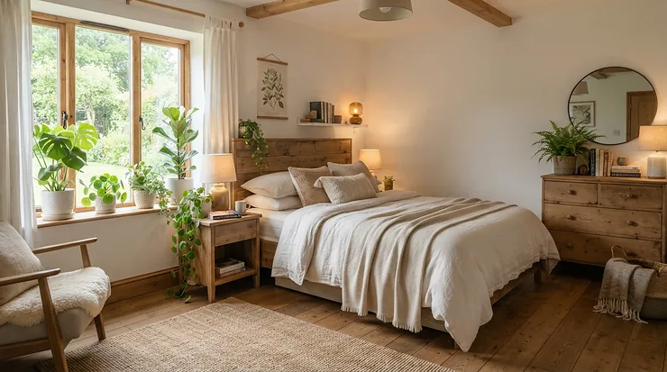 A stylish British bedroom featuring a mattress for couples with different firmness preferences on a wooden frame