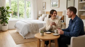 A couple discussing customisable options for a mattress for couples with different firmness preferences