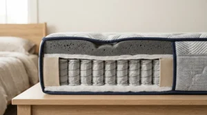 A cutaway view of a mattress for couples with different firmness preferences showcasing dual sides