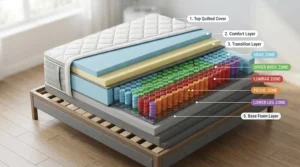 Detailed graphic of zoned support inside a mattress for couples with different firmness preferences