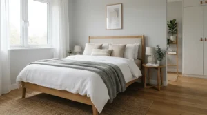 A modern master bedroom featuring a firm mattress for front sleepers with back pain