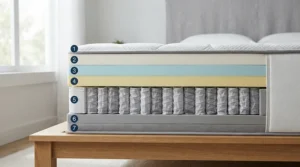 Cross-section diagram of a mattress for front sleepers with back pain showing dense core support layers