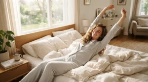 Person waking up refreshed and pain-free after sleeping on a mattress for heavy front sleepers.