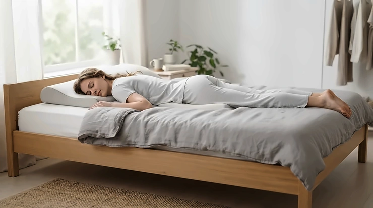 A supportive mattress for heavy front sleepers showing proper spinal alignment in a modern bedroom.