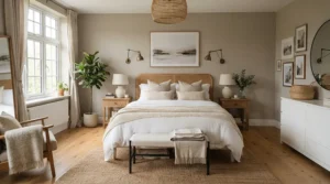 A stylish double bed featuring an orthopaedic mattress for back sleepers in a contemporary home