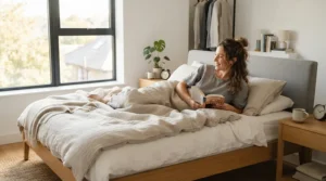 Testing the firmness rating of an orthopaedic mattress for back sleepers in a modern bedroom